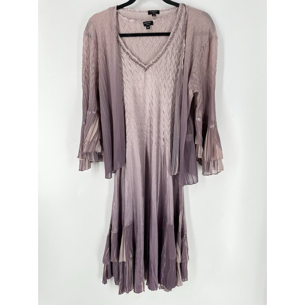 Komarov V Neck Embellished Layered Purple  Lotus Ombré Smoke Midi Dress M Read